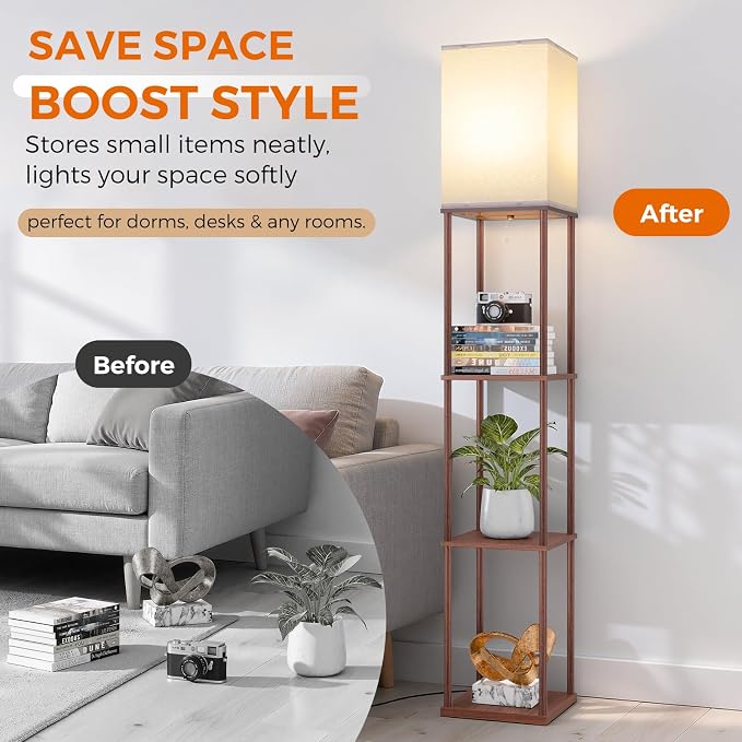 FOLKSMATE Floor Lamp with Shelves, 3-Tier Modern Square Bookshelf Floor Lamp, 3 Color Temperature Bulb Included, Floor Lamps for Living Room Bedroom Corner - Brown