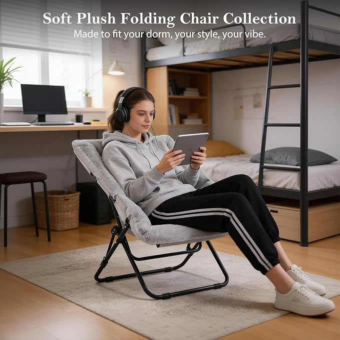 Furlide Comfy Dorm Chair - Oversized Folding Saucer Chair with Soft Faux Fur, Metal Frame, for Bedroom, Living Room, Balcony, Patio, Study, Playroom (Grey)