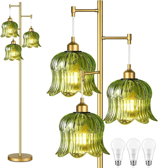 Glass Floor Lamp for Living Room,Bedroom,Mid Century Modern Standing Lamp Brass Tree 3 Light Tall Floor Lamps Vintage Retro Floor Lights Gold Green Flower Lamp Shade Farmhouse Boho Bohemian