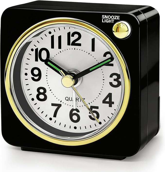 Lamisola Mini Travel Alarm Clock, Small Battery Analog Alarm Clock, Bedside Desk Clocks for Bedrooms, Vintage Home Decor for Bathroom Kichen Office Room, Black