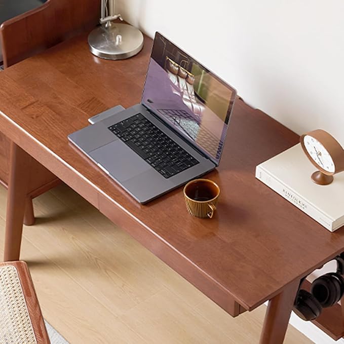 YESWOOD 100% Solid Rubber Wood Desk, Mid Century Modern Writing Computer Desk in Walnut Finish with Drawer for Home Office, Sturdy Room, Bedroom 31.49" W Teak