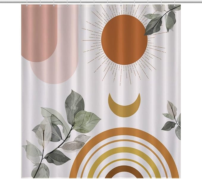 Boho Mid Century Shower Curtain,Green Nature Leaf Sun Modern Minimalist Bathroom Curtain Polyester Waterproof Fabric Decor 66x72in（168x183cm）