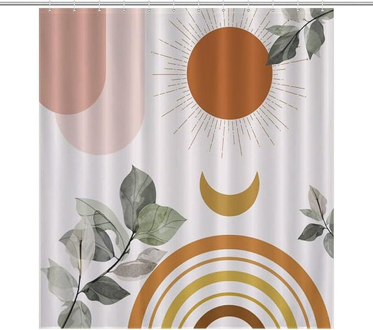 Boho Mid Century Shower Curtain,Green Nature Leaf Sun Modern Minimalist Bathroom Curtain Polyester Waterproof Fabric Decor 66x72in（168x183cm）