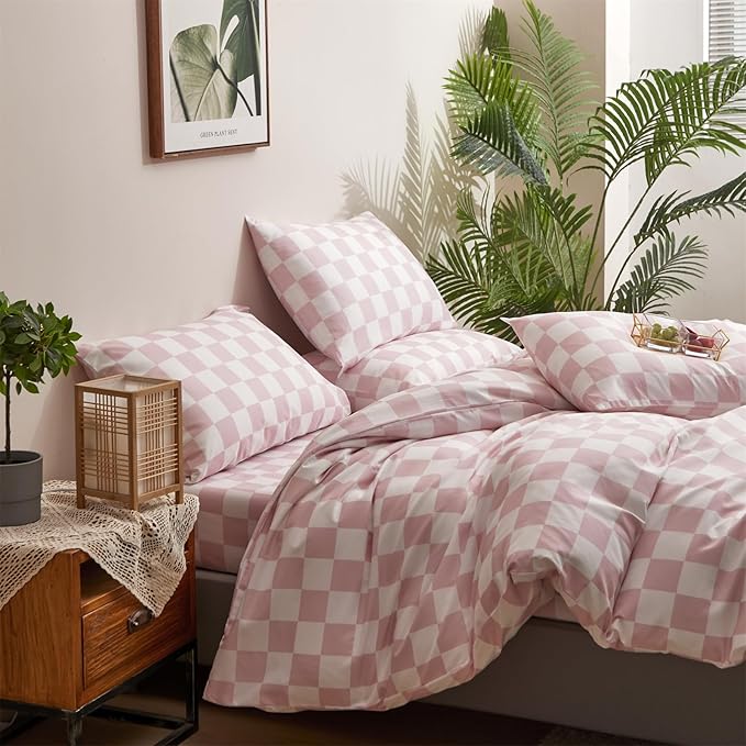 Pureant Pink White Plaid Comforter Sets King Women Men Bean Pink and White Checkerboard Grid Bedding Comforters Cotton Boys Girls Modern Dusty Pink Checkered Geometric Quilts Luxury Abstract Bed