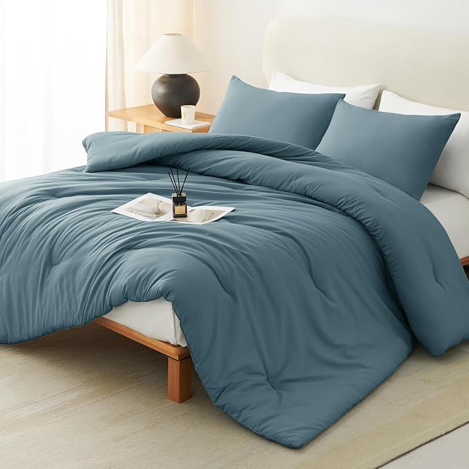 CozyLux California King Comforter Set Mineral Blue, 3 Pieces Cal King Lightweight Down Alternative Quilted Bedding Sets, All Season Breathable Solid Comforter with 2 Pillowcases, Bed Set Gift for Home