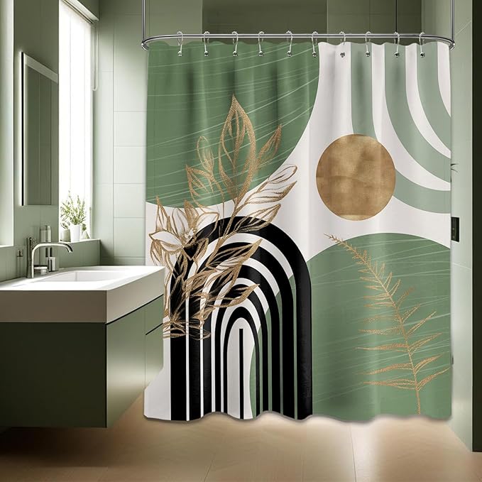 Sage Green Shower Curtain Boho Mid Century White and Light Green and Black Shower Curtains for Bathroom Decor, Waterproof Cloth Fabric with Hooks, 60" W x 72" L