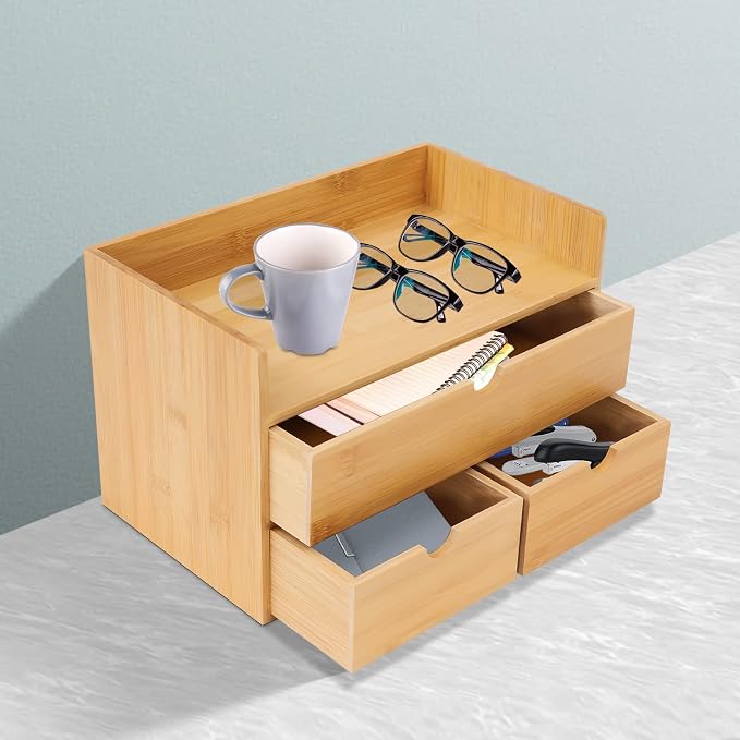 Bamboo Desk Organizer Small Retro Bamboo Tabletop Storage Box with Drawers& Recess Handles for Office Home Supplies Table Storage Collector 12 * 7.87 * 8.27in (3 Drawers/1 Top&2 Bottom)