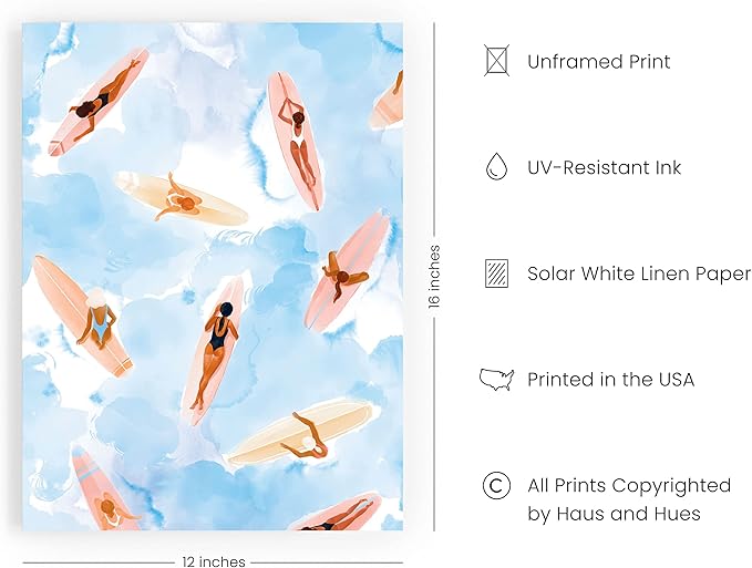 HAUS AND HUES Beach Art - Surfer Girl Poster, Beach Themed Prints, Ocean Seascapes, Watercolor Art Design (Unframed, 12x16)