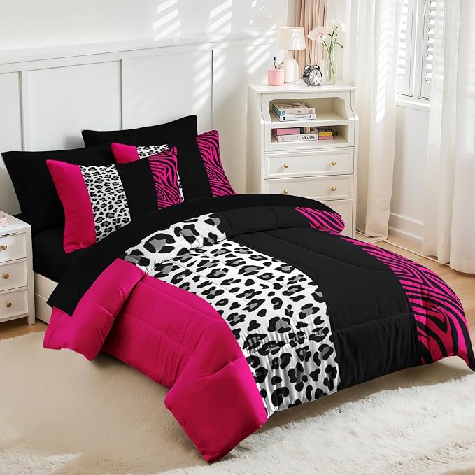 Nesker Comforter Set Full Size, Leopard Color Block Pink 7 Pcs Bedding for Kids and Adults, Wild Zebra Print Bed Sheet Sets with Fitted Sheet 2 Pillowcases & 2 Shams