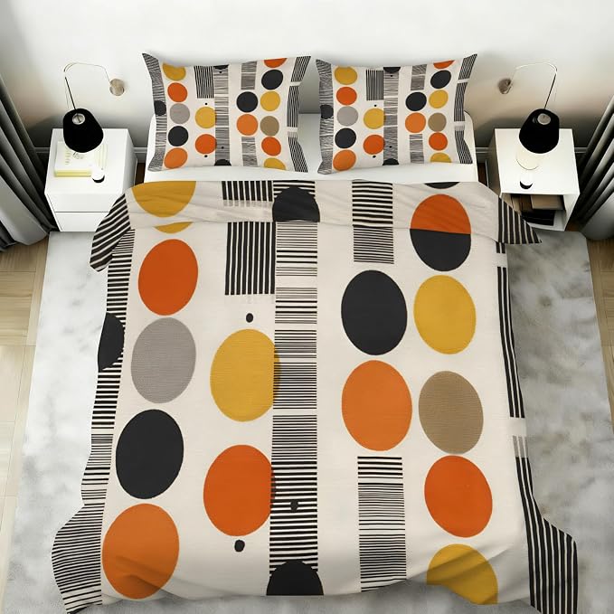 Vintage Multicolor Geometric Duvet Cover Full Size for Boys Girls, Kids Mid Century Modern Bedding Set 3 Piece, Abstract Colorful Geometric Patterned Comforter Cover with Zipper, 2 Pillowcases