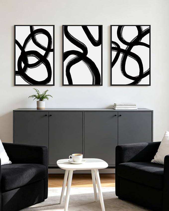 KUVIOKE Black and Gray Abstract Framed Wall Art Ink Wash Minimalist Lines Painting Artwork for Bedroom Hallway 16x24in (Black Framed)
