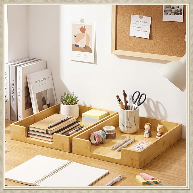 Mifoci 2 Pcs Wood Letters Tray Bamboo Stackable Paper Organizer Letter Tray, Desktop File for A4 Documents, Wooden Office Paper Holder Stacking for Home School Workspace