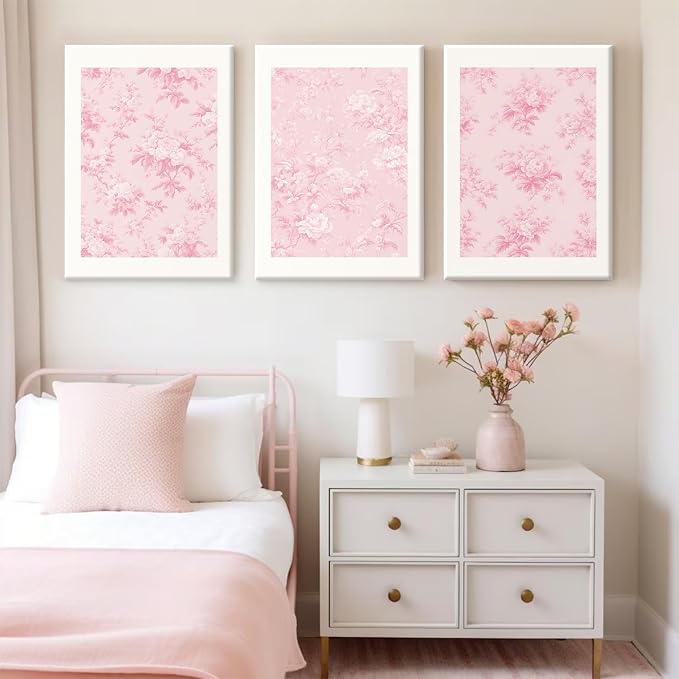 Pink Floral Wall Art Chinoiserie Flower Wall Decor Pictures Aesthetic Canvas Wall Art Love Shack Fancy Poster Vintage Floral Prints for Living Room Bedroom 12x16 Inch Framed Set of 3