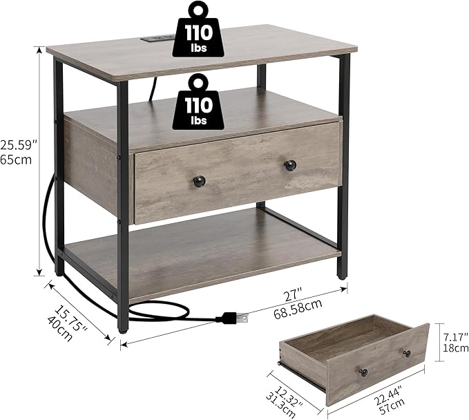 27 Inch Wide Night Stand Set 2 with Charging Station, Wood Nightstand with Open Shelf, Large Drawer Bedside Table for Living Room/Bedroom/Office(Rustic Gray)