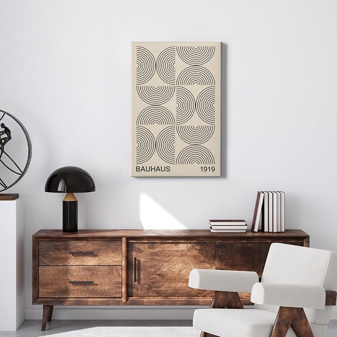 Bauhaus Canvas Wall Art Boho Minimalist Posters Black and Beige Artwork Abstract Neutral Prints Geometric Gallery Wall Art Bauhaus Exhibition Poster Mid Century Modern Painting 16x24inch Wood Framed