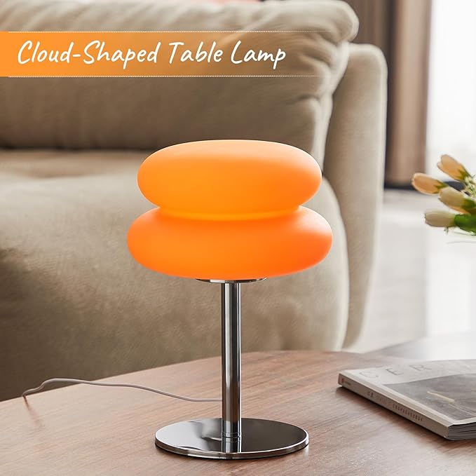 Orange Mushroom Lamp, Mid Century Modern Lamp for Nightstand, Dimmable Retro Egg Tart Bedside Lamps, Home Decor Ambient Lighting Aesthetic Cute Lamps for Bedroom Living Room (NOT Glass)