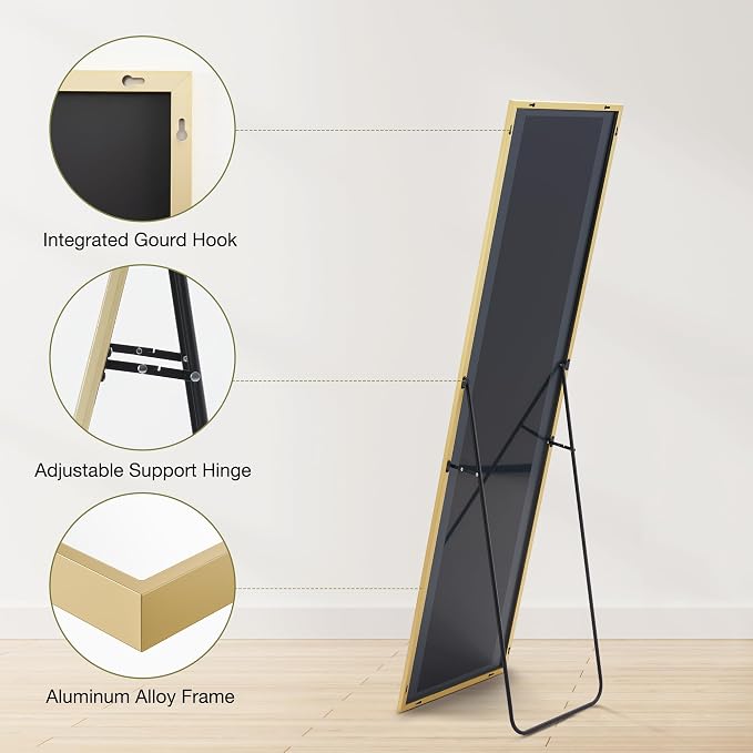 OLIXIS Full Length Mirror for Bedroom, 56"x15" Full Body Mirror with Stand, Hanging or Leaning for Wall, Aluminum Alloy Thin Frame Floor Standing for Living Room, Long, Gold