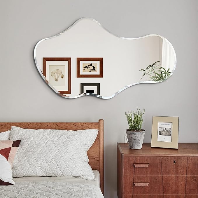 36 x 24 Beveled Edge Frameless Wall Mirror, Modern Asymmetrical Cloud Shape with a Wavy Irregular Design for Bathroom, Entryway, Bedroom, Living Room