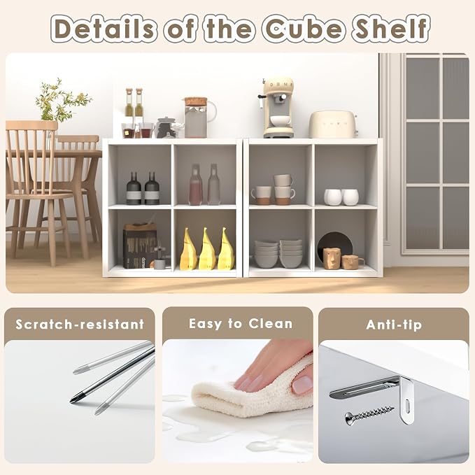 Endearing Limons【2026 Wooden Thick Border 4 Cube Shelf Storage Organizer with Anti-Tipping Kits + Reversible Open Back Bookcase (11 * 11 Unit Cell White)