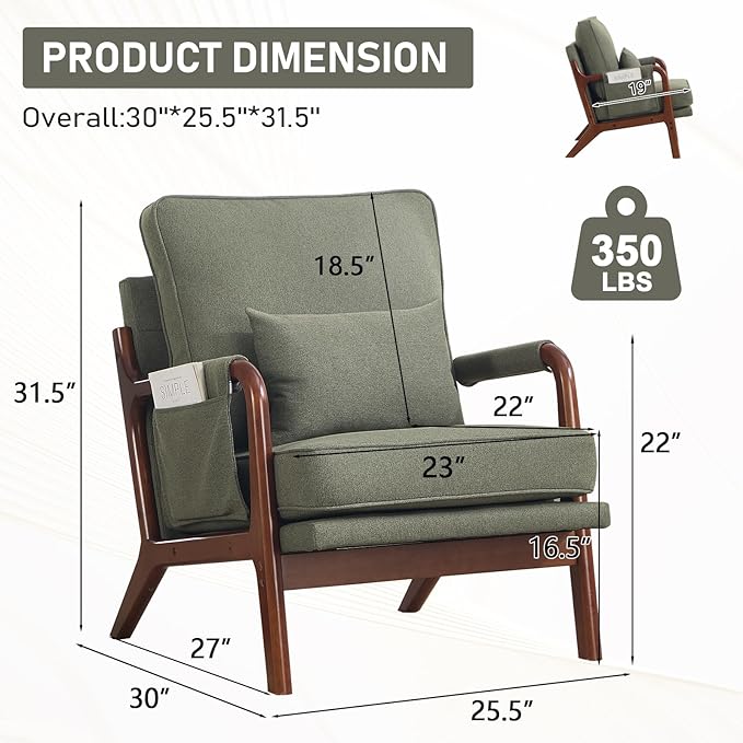 ANJ Mid Century Modern Accent Chair, Lounge Reading Armchair with Extra Side Pocket & Detachable Cushion, Comfy Fabric Accent Chairs for Living Room, Bedroom,Green
