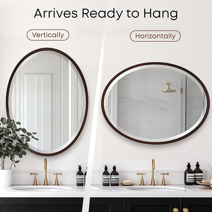 OVALCREST - Oval Wooden Beveled Wall Mirror for Home Decor, Bathroom, Vanity, Bedroom, Living Room, Hallway - London Style (Black Walnut) 31.1 x 21.1