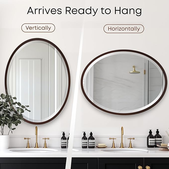 OVALCREST - Oval Wooden Beveled Wall Mirror for Home Decor, Bathroom, Vanity, Bedroom, Living Room, Hallway - London Style (Black Walnut) 25.1 x 21.1