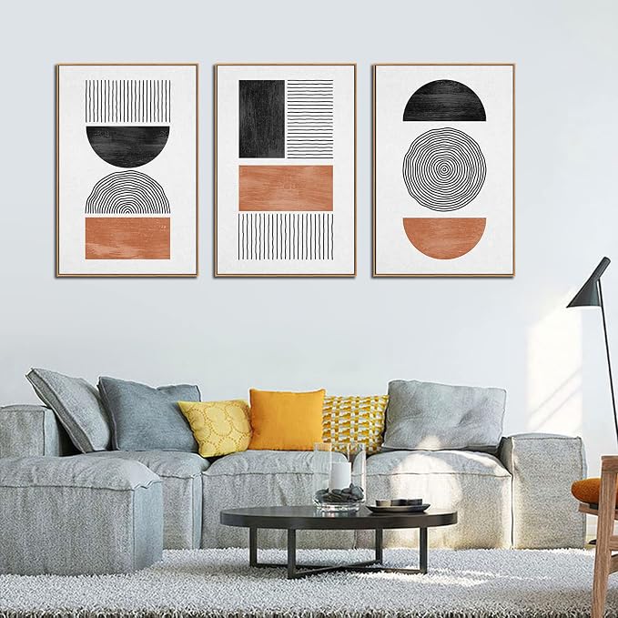 Framed Wall Art Canvas Set Mid Century Boho Pictures Modern Geometric Wall Decor Minimalist Black Brown Bohemian Abstract Painting Artwork for Living Room Bedroom Office 24"x36"x3 Natural