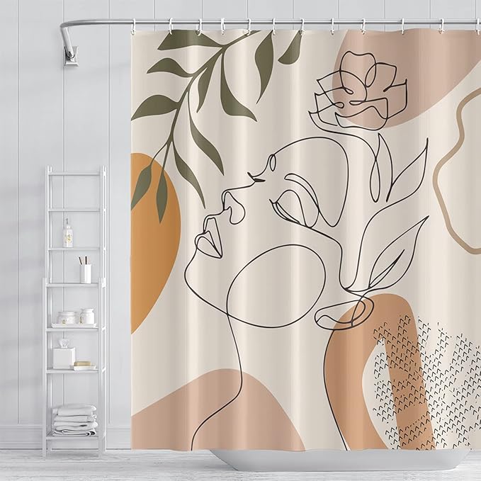 Abstract Woman Face Bathroom Shower Curtain - Mid Century Boho Modern Geometric Shower Curtain with Hooks - Polyester Waterproof Fabric - Minimalist Art Line Aesthetic - 72x78 Inch