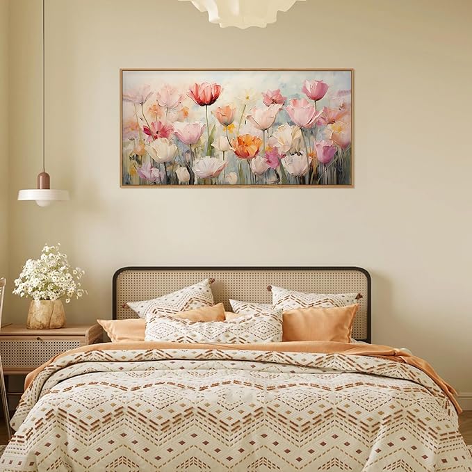 HPNIUB Large Nature Wildflowers Framed Wall Art Pink Floral Canvas Oil Painting Modern Aesthetic Wall Decor Abstract Flower Artwork for Living Room Bedroom Decor -20"x40"