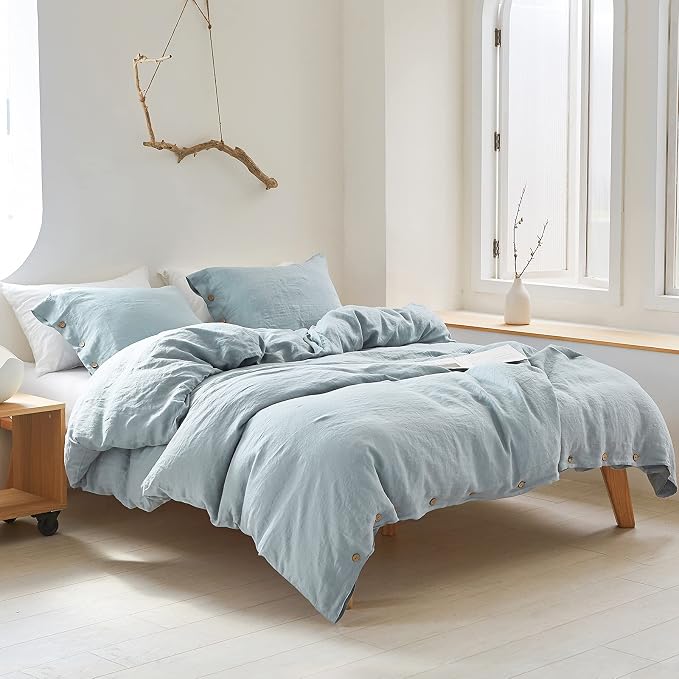 Simple&Opulence 100% Linen Duvet Cover Set 3pcs with Coconut Button Closure Natural French Washed Flax Solid Color Soft Breathable Farmhouse Bedding - Dusty Blue, Full Size