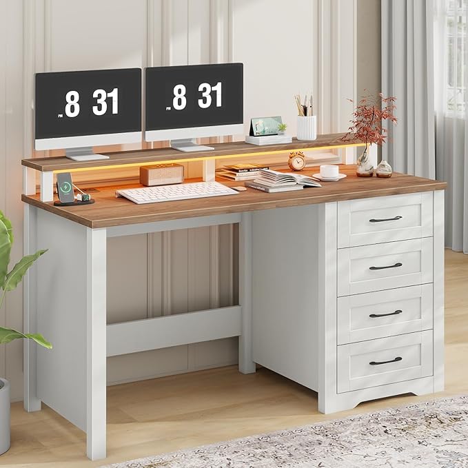 Vabches 47" Farmhouse Executive Desk with Monitor Stand and LED Lights,4 Drawers Computer Desk with Power Outlets,Large Workspace for Work Study Writing.Unique White
