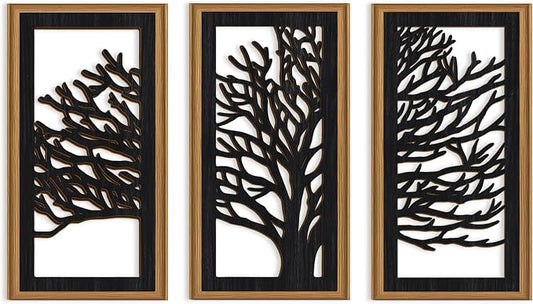 Celestdeco 3 Pcs Black Tree Wall Decor Boho Modern Nature Artwork Tree of Life Wood Wall Art Branch Silhouette Laser Art Decor for Living Room Bedroom Office 7.9 x15.8 Inch