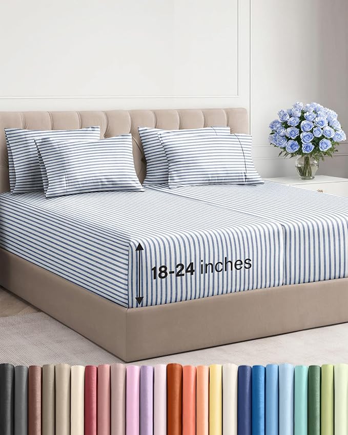 Extra Deep Split King Sheet Set - 7 Piece Breathable and Cooling Sheets - Hotel Luxury Bedding for Women, Men, Kids & Teens - Secure Fit - Soft and Wrinkle Free with Extra Deep Pockets - Blue Stripes