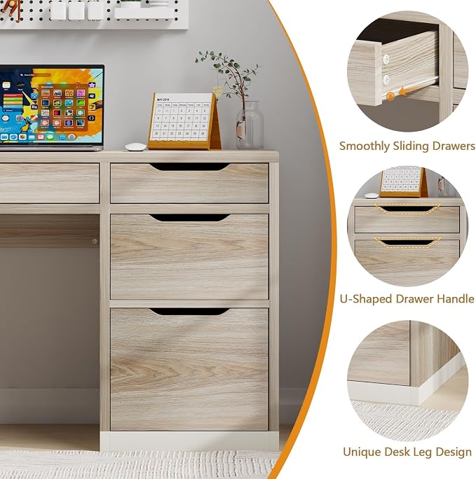 MaverickFurni Small Desk with Drawers, 52 Inch Home Office Desk with Storage for Bedroom, Computer Desk with Filing Drawer for Small Space, Light Walnut