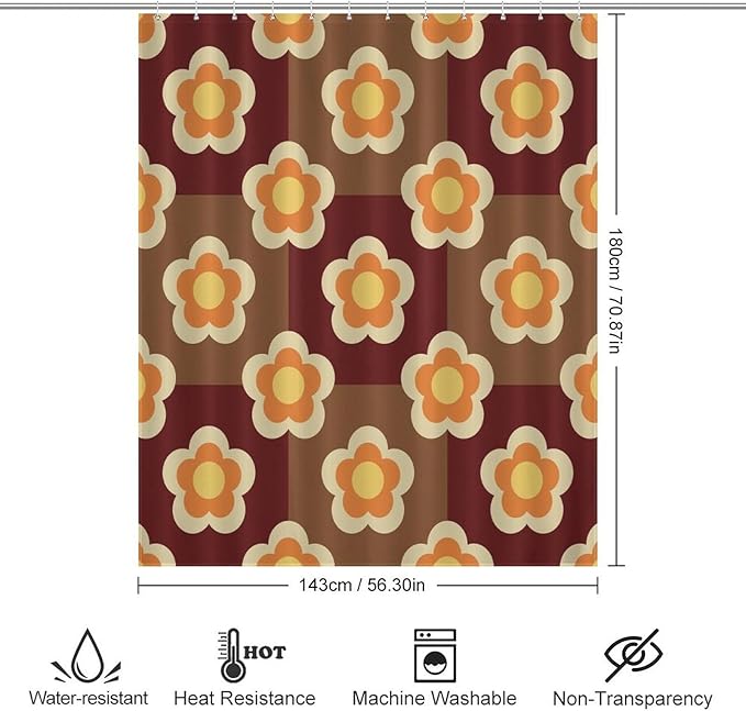 Bohemia Orange Brown Flowers Shower Curtain Funky Retro Lattice Floral Hippie Mid Century Aesthetic Washable Waterproof Fabric for Bathroom Decor Bathtub with 12 Hooks 55x72in（140x183cm）