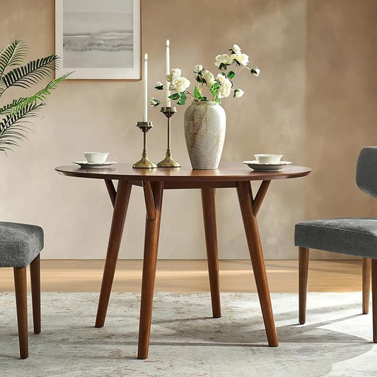 HULALA HOME Round Dining Table for 4, 45” Solid Wood Kitchen Table, Small Dinner Coffee Writing Table for Kitchen Dining Room, Save Space, Walnut