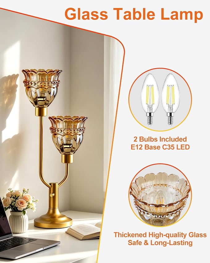 Lightdot Vintage Table Lamp for Living Room Dimmable Mid Century Modern Gold Desk Lamp Amber Glass Nightstand Lamp 2 Bulbs Included Warmwhite Ambient Bedside Lamps for Bedroom Home Office Decor Gift