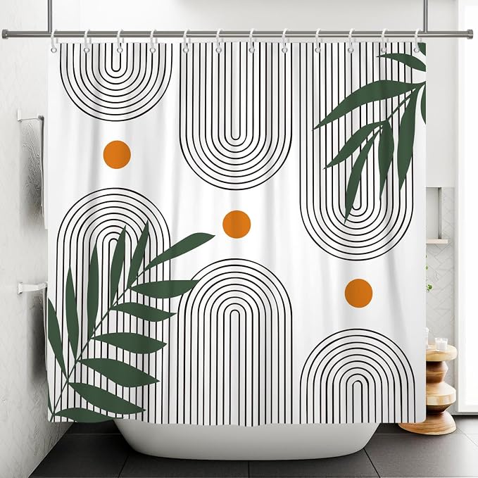 Boho Mid Century Shower Curtain Bohemian Minimalist Geometric Arch Sun Bathroom Curtain Sage Green Plant Polyester Shower Curtain Sets for Bathroom Extra Long 72x72 in with 12 Hooks