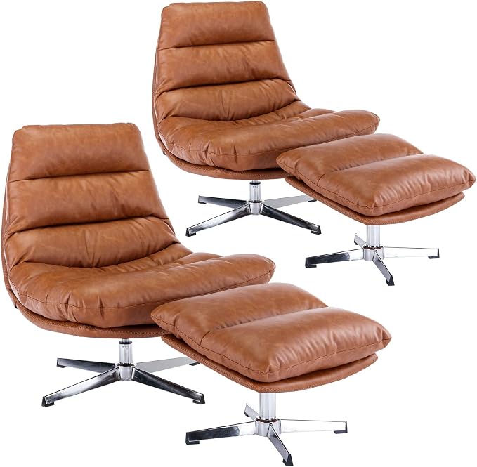 Modern Swivel Accent Chairs with Ottoman Set of 2, PU Leather Oversized Armless Reading Chairs with Footrest, 33'' Wide Upholstered Lounge Chairs with Footstool for Living Room Bedroom Comfy, Brown