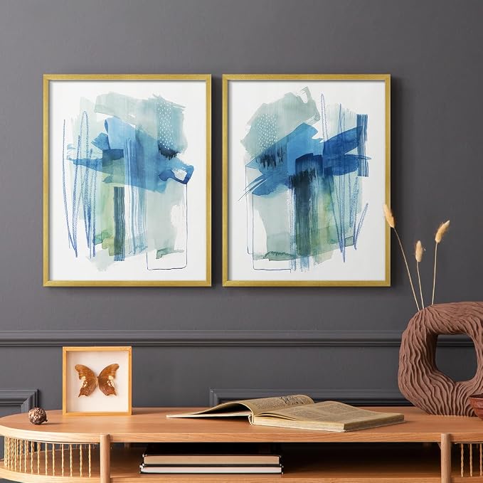 Renditions Gallery Set of 2 Peel & Stick Framed Prints, Modern Abstract Wall Art, Blue and Neutral Bold Brushstrokes Wall Decor, Re-Stickable - Ready to Hang - 16"x20" - GOLD Frame LT588