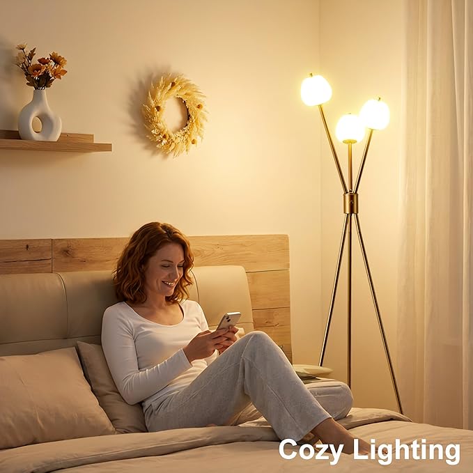 Fiqevs Dimmable Tripod Floor Lamp for Living Room, 3 Globe Modern Gold Floor Lamp with Elegant Frosted Sphere Glass Shade and LED Bulbs, Standing Tall Lamp for Bedroom, Office - Antique Brass