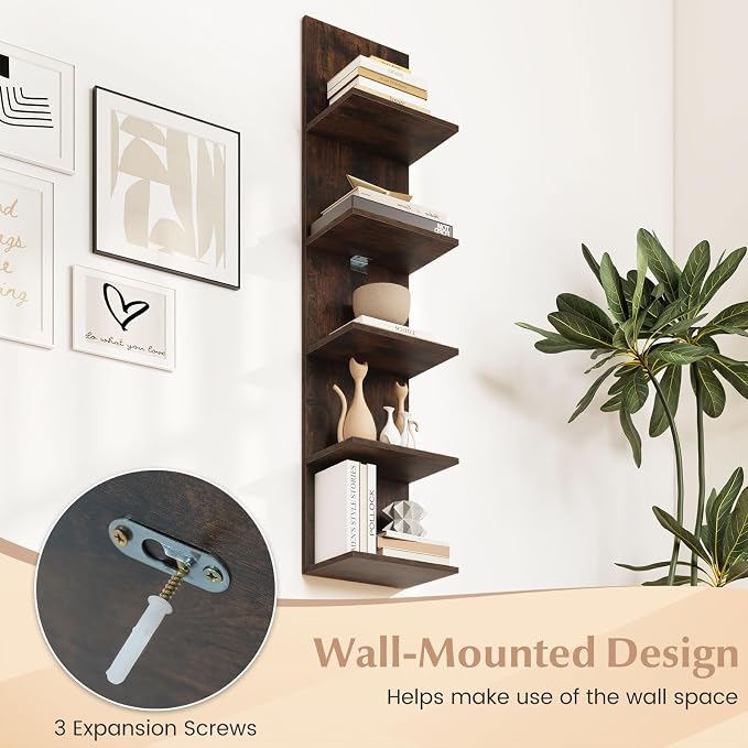 LOKO 5-Tier Wall Shelf, Vertical Column Storage Organizer with Expansion Screws, Decorative Wall Mounted Shelving, Floating Wooden Display Shelf for Living Room, Kitchen, Bathroom (2,Rustic Brown)
