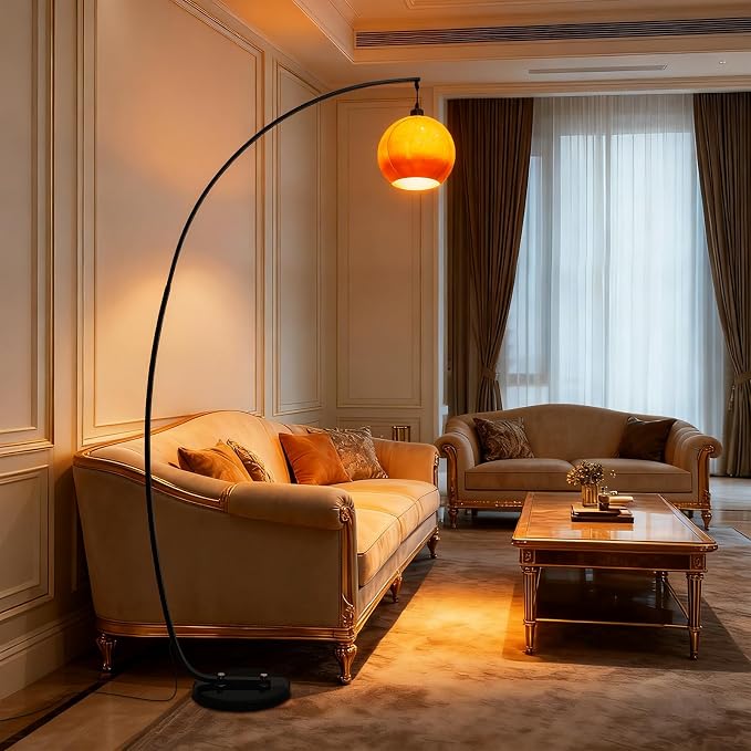 71" Arc Floor Lamp Mid Century Modern Orange Floor Lamp Globe Glass Standing Lamp With E26 3-Color Temperatures Marble Base Tall Light For Living Room Bedroom Study Dining Room(Includes Bulb) (Orange)