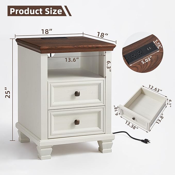 Farmhouse Side Table with Charging Station, Antique Nightstands with Drawers, Bedside Table with Open Shelf for Bedroom, White