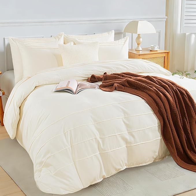 NEXHOME PRO 100% Organic Cotton Duvet Cover King, Linen Like Pleated Textured Ivory Duvet Cover Set, 3pc Bedding Set with Zipper Closure, Soft, Lightweight and Breathable,104"x90", No Comforter