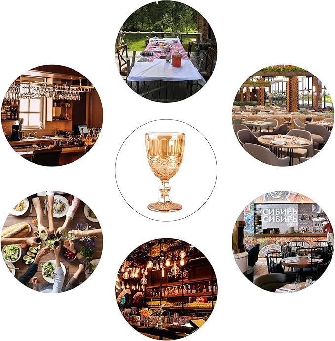 12 Pcs Vintage Wine Glasses, 10 Ounces Colored Glass Water Goblets, Unique Embossed Pattern High Clear Stemmed Glassware Wedding Party Bar Glass Drinking Cups, Floral Amber Glasses Set of 12