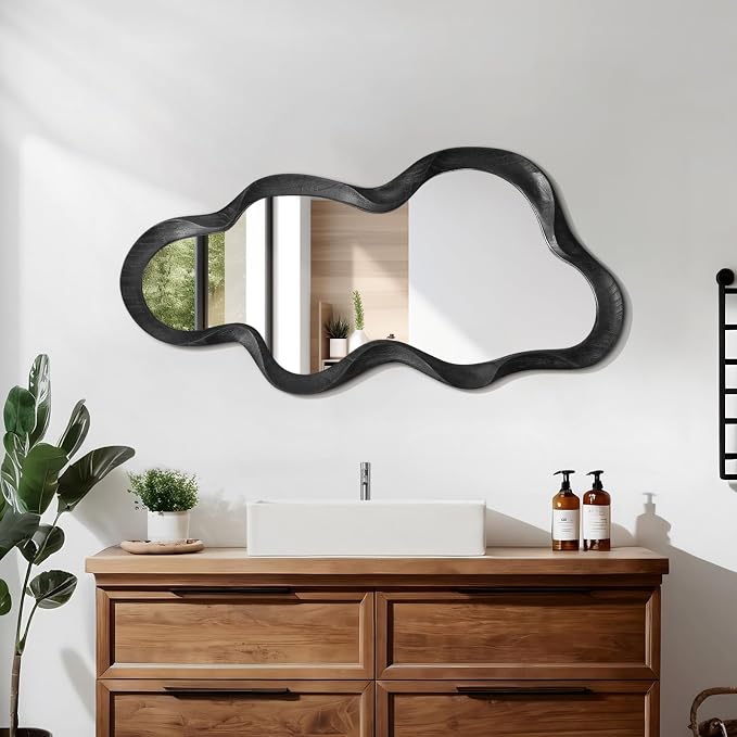 Black Asymmetrical Mirror for Wall Irregular Wood Frame Mirrors Modern Artistic Wavy Wall Mirror Decorative Vanity Bathroom Living Room Bedroom Entryway Hallway Cute and Stylish Cloud Mirror Large