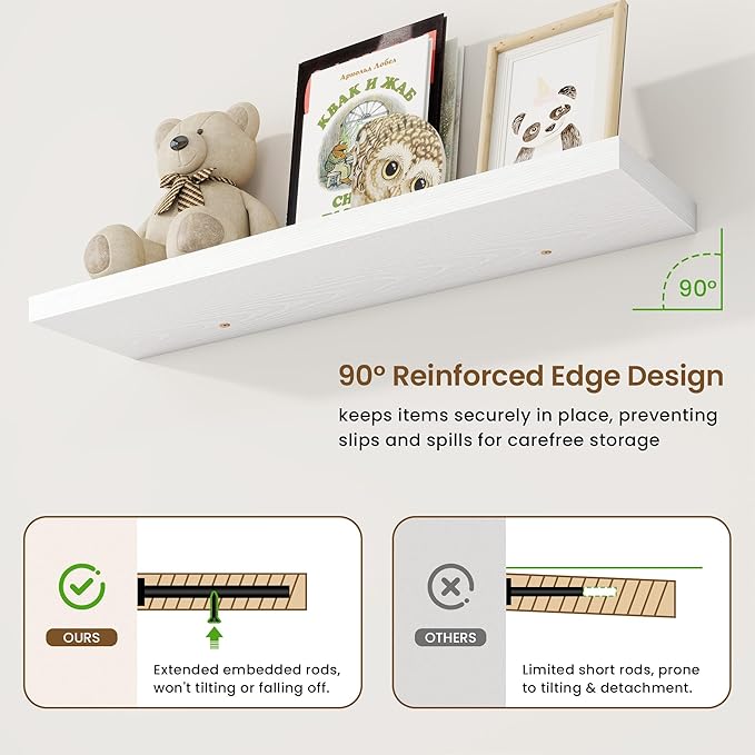 40in Floating Shelves for Wall, 40"W x 9.25"D x 1.25"H, 2 Pack Long Wall Mounted Engineered Wood Shelves with Invisible Brackets for Living Room, Bedroom, Bathroom, Kitchen Decor and Storage, White