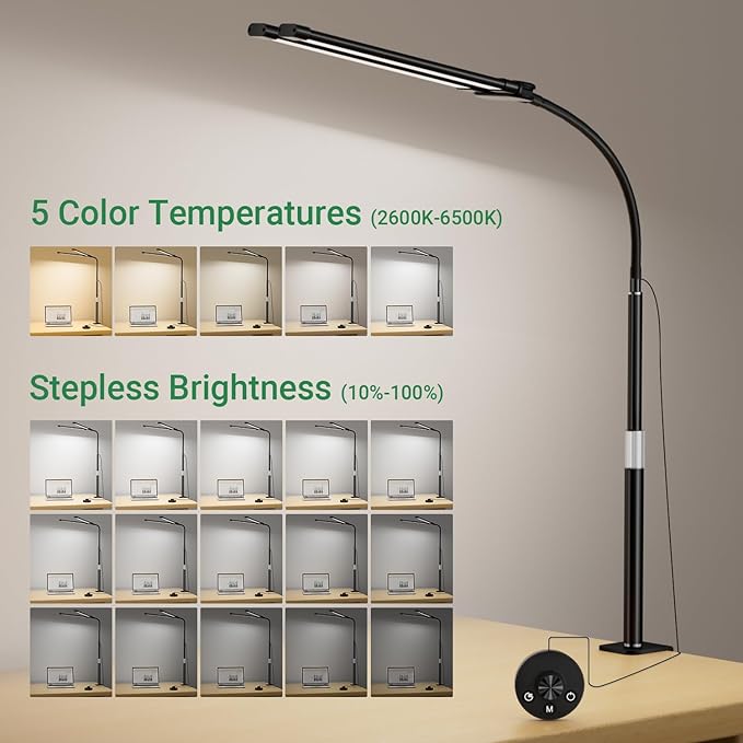 LED Desk Lamp with Clamp, 23.5-31.5 Inches, Black | 24W, 75 Lighting Modes, Flexible Neck Design, Telescopic Height, For Home Office Study Work Craft Paint