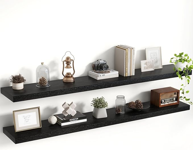 55 Inch Floating Shelves, 8 Inch Deep Floating Shelves for Wall, Hanging Shelf with Invisible Brackets, Deep Shelves for Bathroom, Bedroom, Living Room, Black, Set of 2